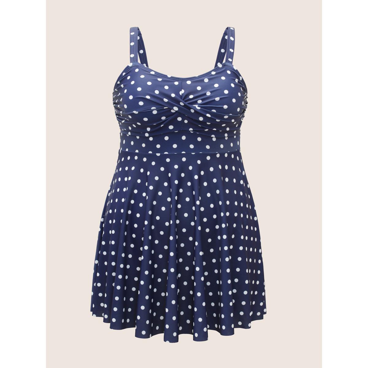 Plus Size Polka Dot Ruched Fit Flare Swim Dress Women's Swimwear Indigo Beach Bodycon Strapless High stretch Curve Swim Dresses BloomChic 12/L Product Image