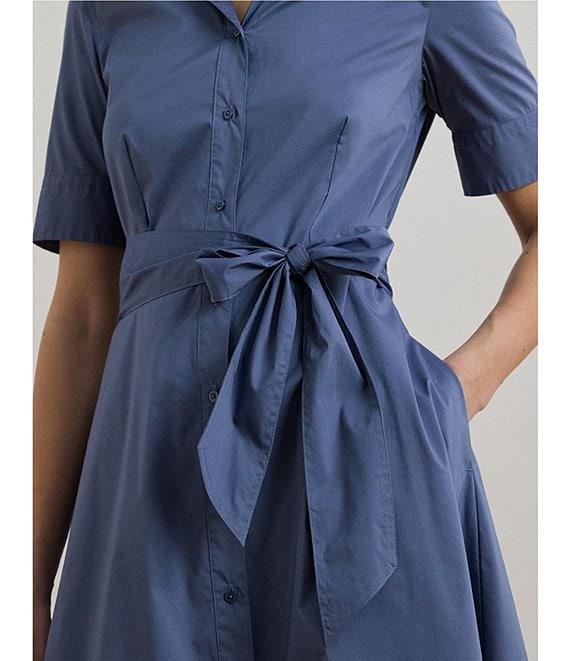 Lauren Ralph Lauren Stretch Cotton Blend Point Collar Elbow Length Sleeve Button Front Shirt Dress Product Image