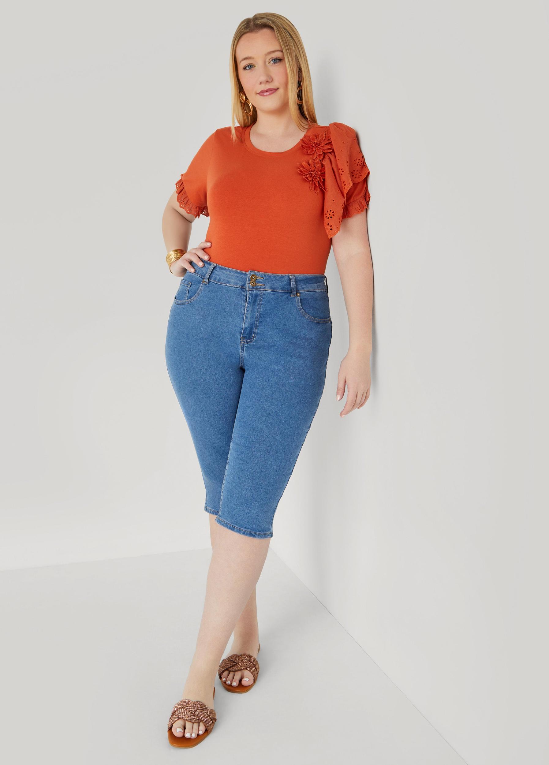 Plus Size Floral Applique Poplin Paneled Tee Ashley Stewart Product Image