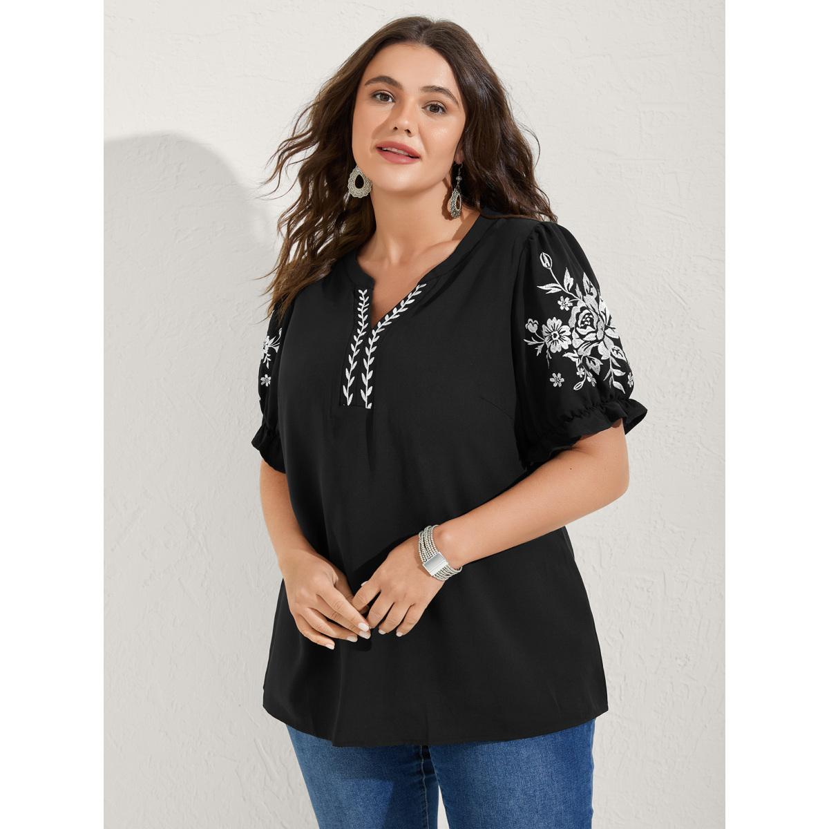 Plus Size Black Notched Collar Embroidered Ruffled Blouse Women Boho Half Sleeve Flat collar with V-notch Vacation Blouses BloomChic 26/4X Product Image