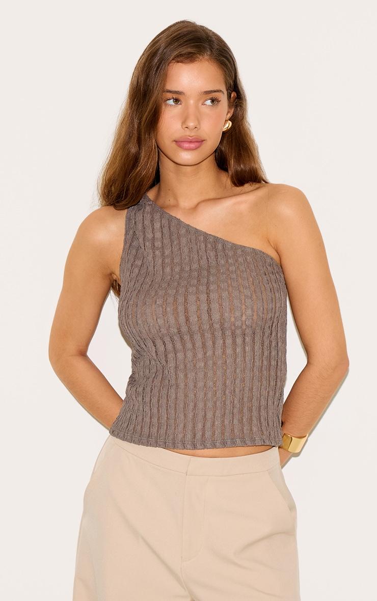 Taupe Textured Knot Detail One Shoulder Long Top Product Image