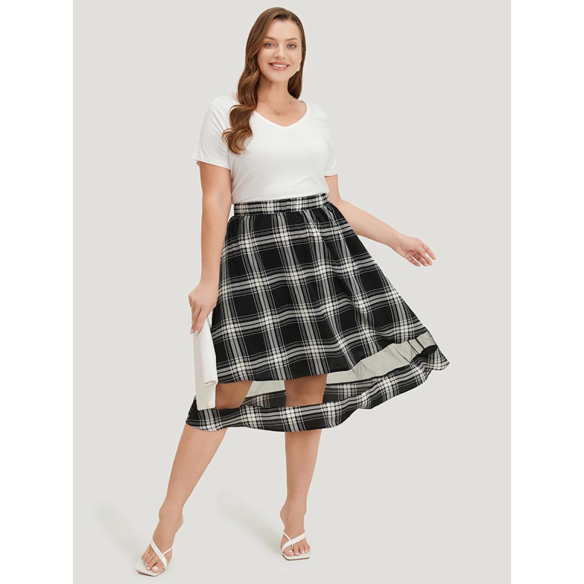Plus Size Tartan Pocket Mesh Patchwork Elastic Waist Skirt Women Black Office See through No stretch Pocket Work Skirts BloomChic 10/M Product Image