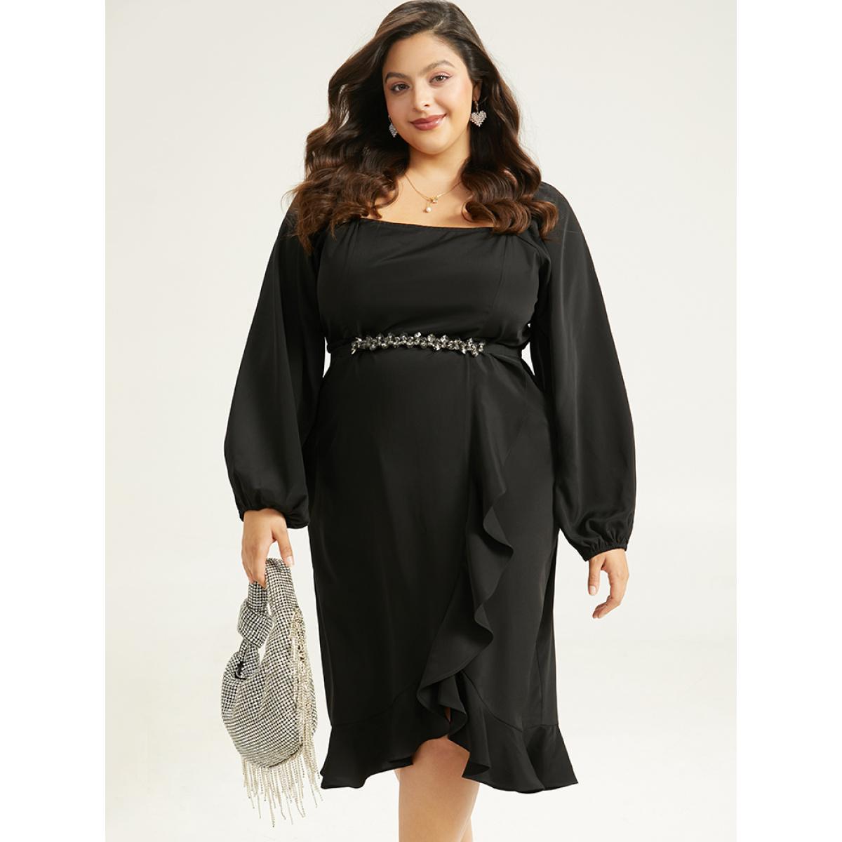 Plus Size Anti-Wrinkle Square Neck Ruffle Trim Wrap Hem Dress Black Women Glamour Elastic cuffs Square Neck Long Sleeve Curvy Midi Dress BloomChic 30/6X Product Image