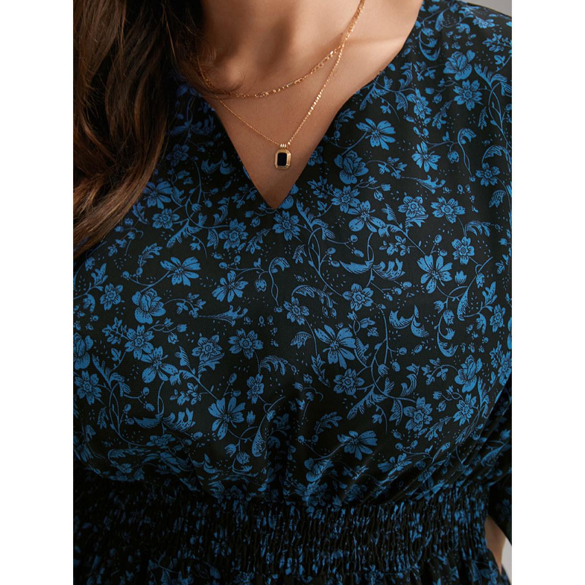 Plus Size Chiffon Ditsy Floral Pocket Shirred Cuffs Dress Black Women Elegant Elastic cuffs V-neck Long Sleeve Curvy Midi Dress BloomChic 12/L Product Image