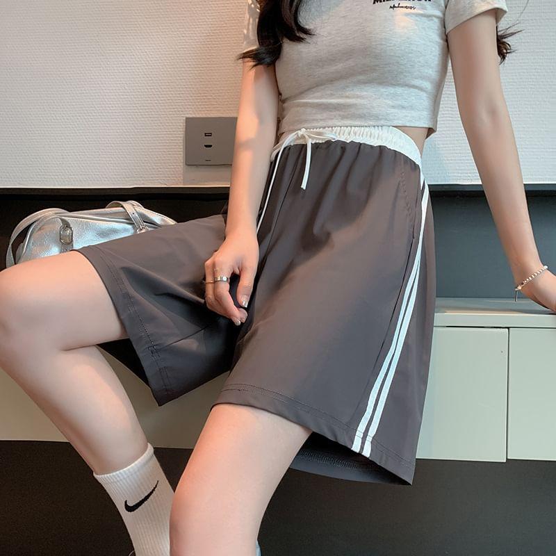 High Waist Color-Block Striped Wide-Leg Sweat Shorts Product Image