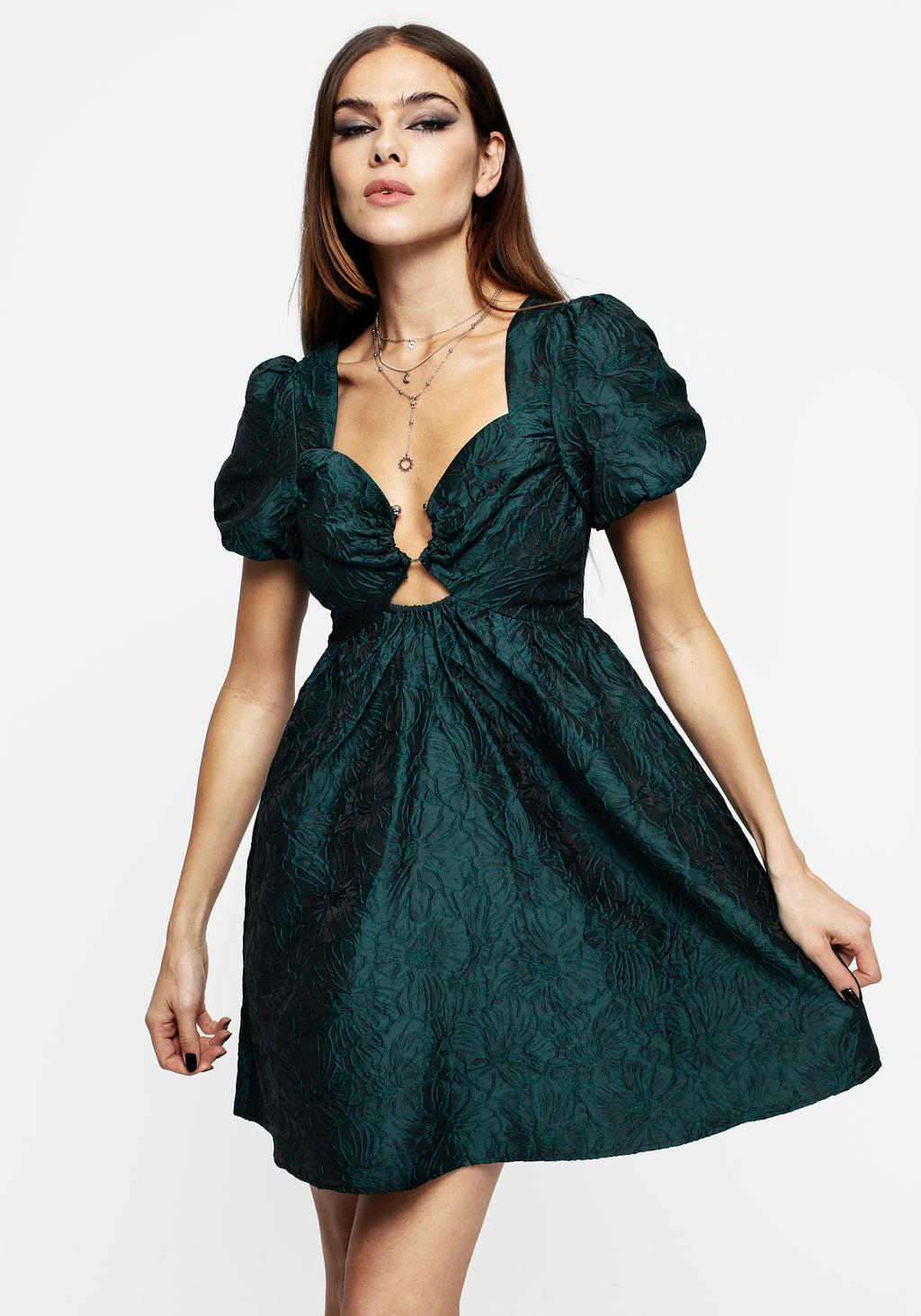 Tiffany Jacquard Puff Sleeve Mini Dress - Green Product Image