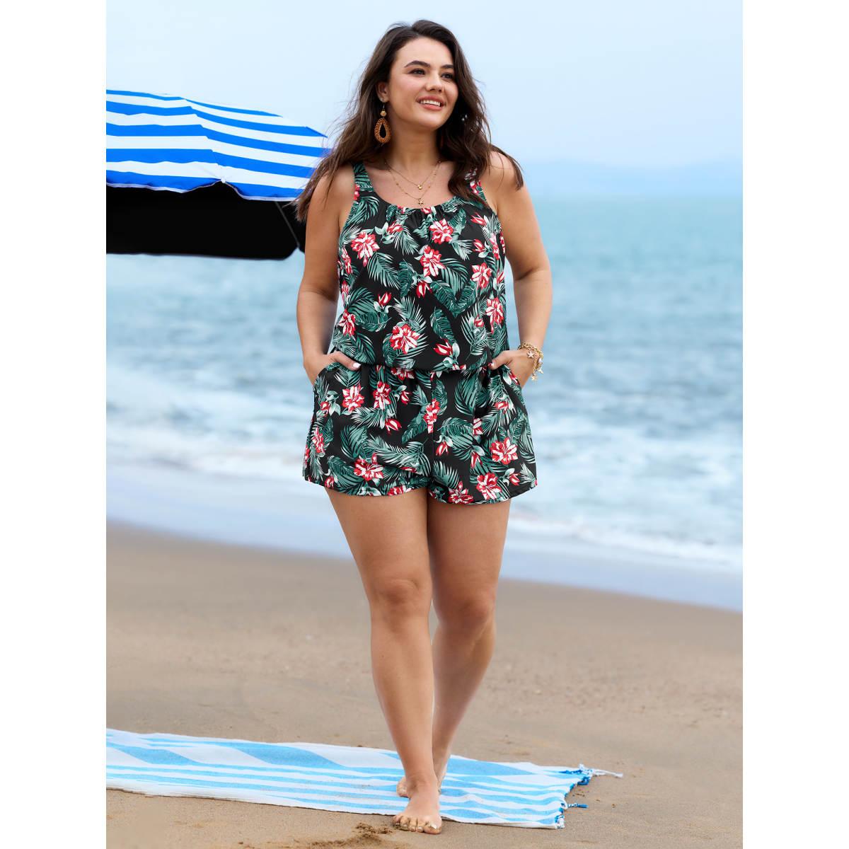 Plus Size Tropical Flower Print Pockets One-Piece Swimsuit Women's Swimwear Indigo Resort Gathered Curve Bathing Suits High stretch One Pieces BloomChic 22-24/3X Product Image