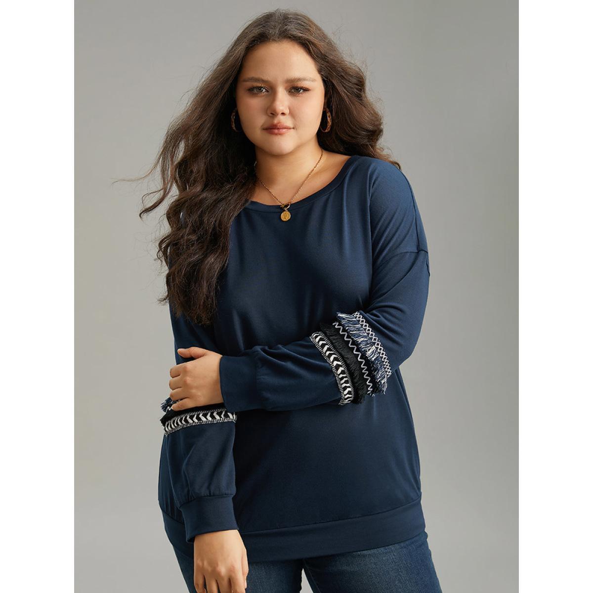 Plus Size Tassels Trim Layered Patchwork Sweatshirt Women DarkBlue Elegant Tassels Round Neck Dailywear Sweatshirts BloomChic 28/5X Product Image