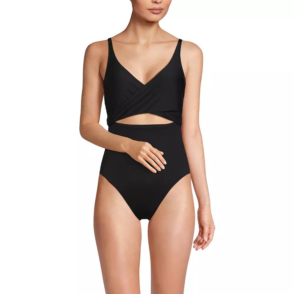Women's Lands' End Wrap Monokini High Leg One-Piece Swimsuit, Size: 12, Black Product Image