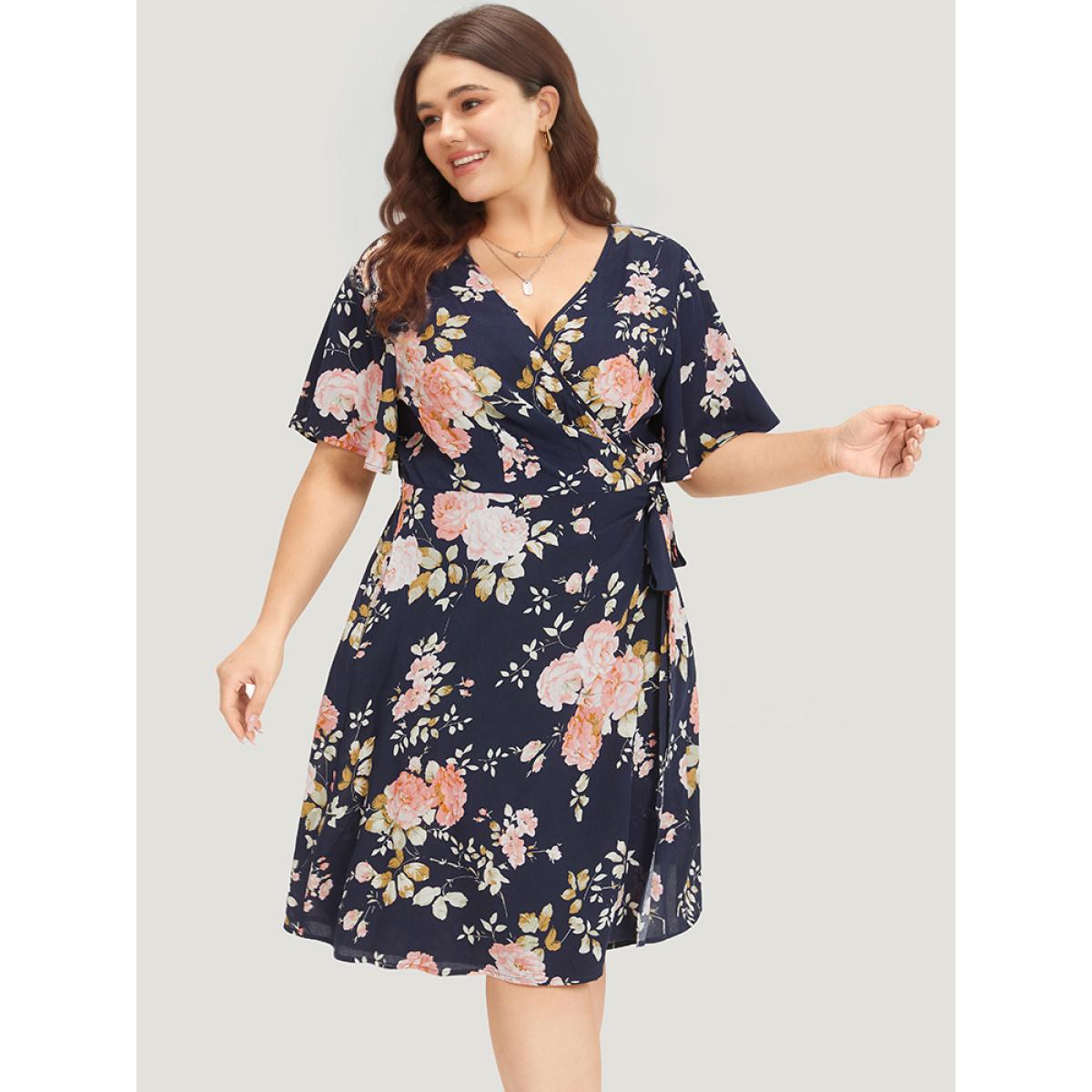 Plus Size Floral Print Pocket Knot Ruffle Sleeve Wrap Dress DarkBlue Women Elegant Wrap V-neck Half Sleeve Curvy Knee Dress BloomChic 30/6X Product Image