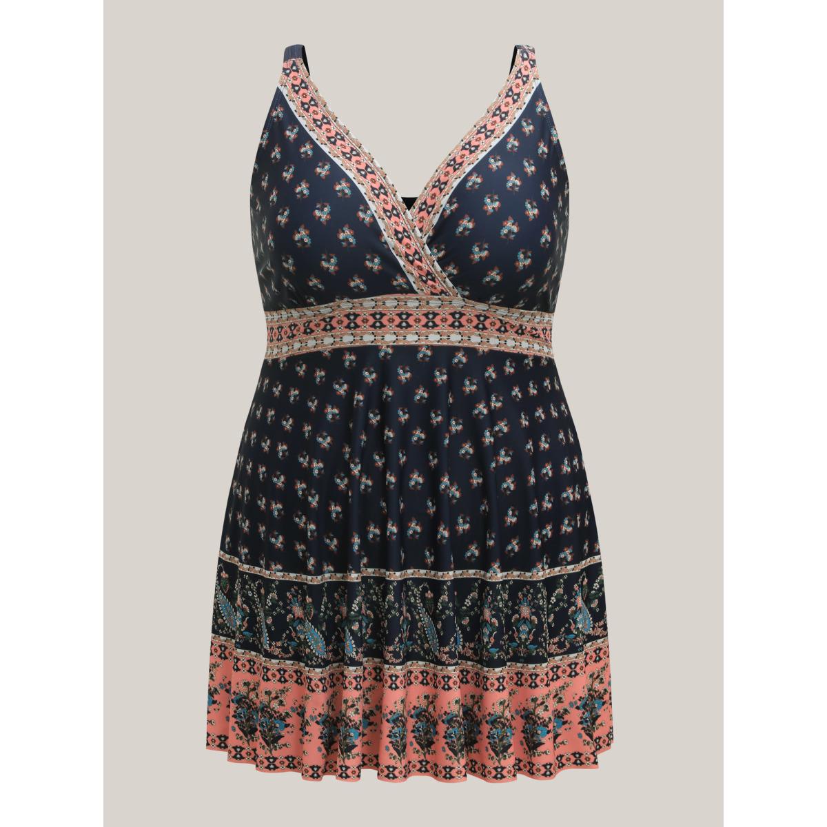 Plus Size Boho Print Surplice Neck Contrast Swim Dress Women's Swimwear DarkBlue Resort Bodycon Overlap Collar High stretch Curve Swim Dresses BloomChic 12/L Product Image