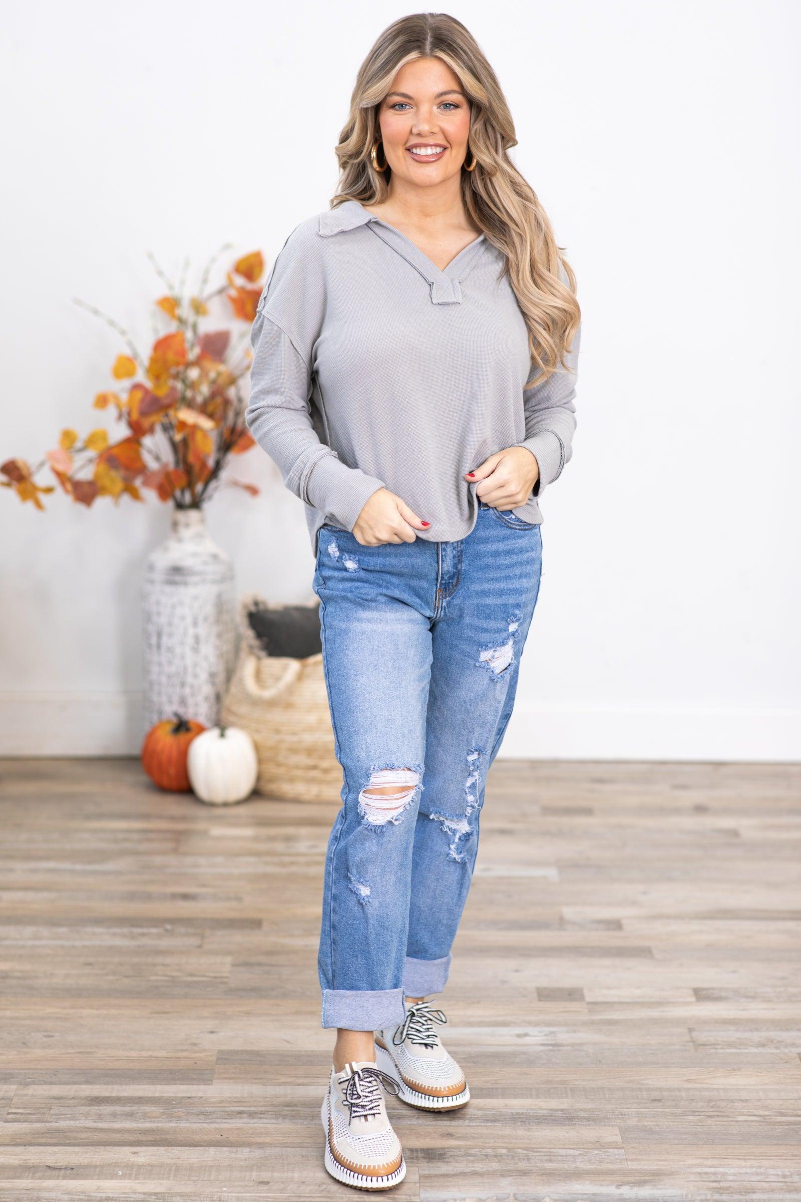 Grey Notch Neck Top With Collar Product Image