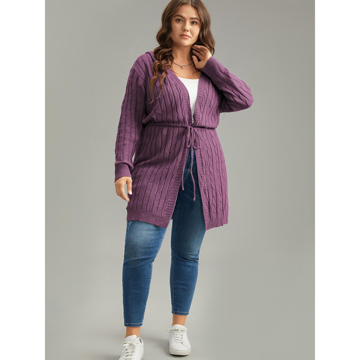 Plus Size Cable Knit Drawstring Front Hooded Cardigan Purple Women Casual Loose Long Sleeve Dailywear Cardigans BloomChic 30/6X Product Image