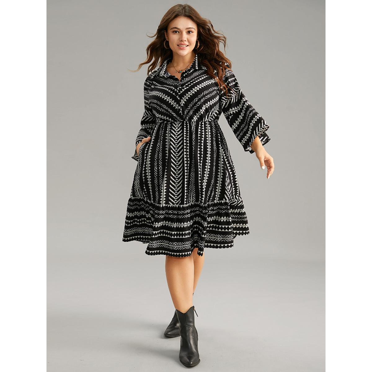 Plus Size Bandana Striped Bell Sleeve Shirt Collar Dress Black Women Casual Printed Shirt collar Elbow-length sleeve Curvy Midi Dress BloomChic 22-24/3X Product Image