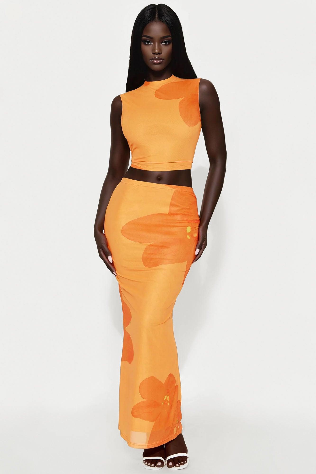 Orchid Vibes Mesh Tank Top and Skirt Set - Orange/combo Female Product Image