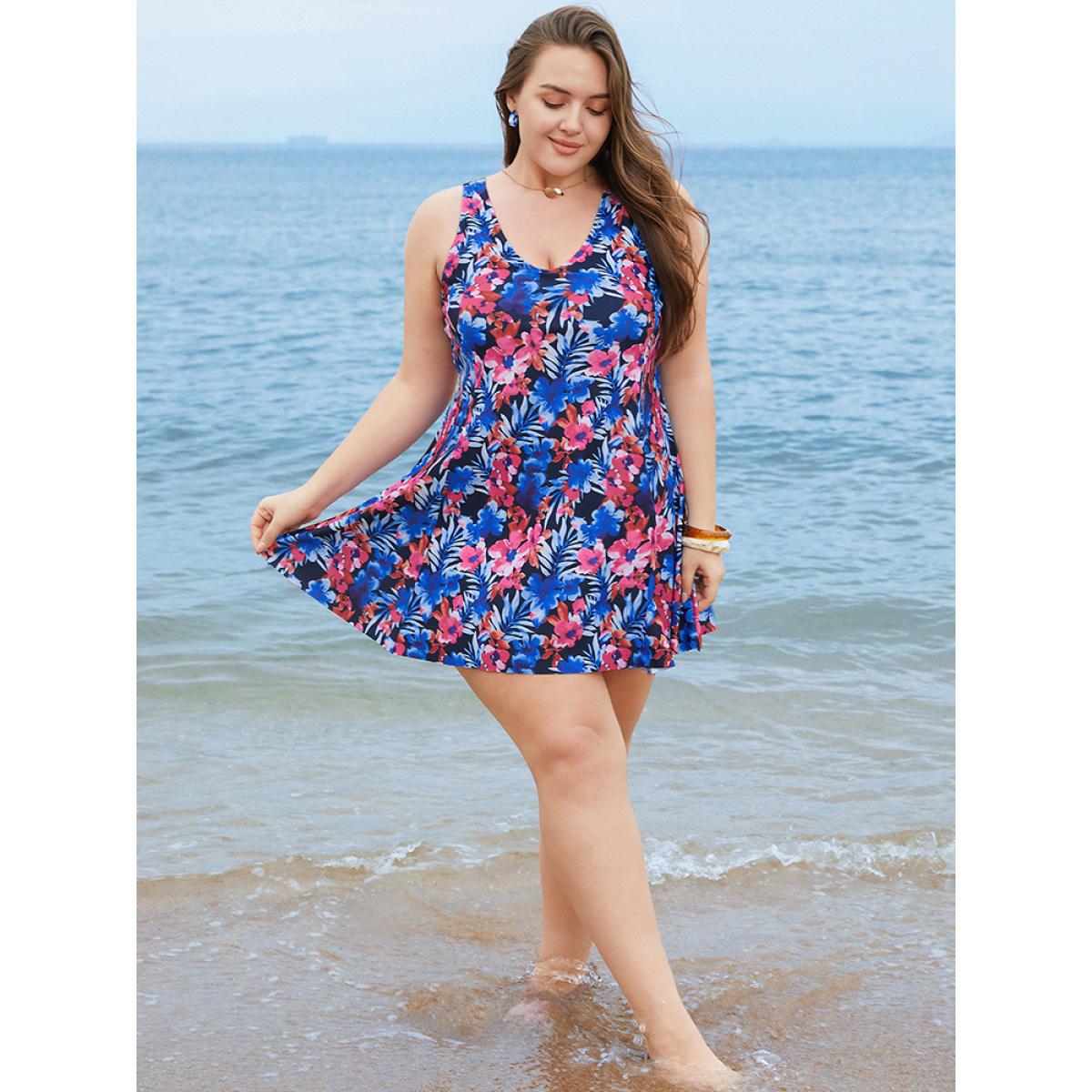 Plus Size Floral Print Ruffles Sculpt Waist A Line Swim Dress Women's Swimwear BlackFlower Vacation Bodycon V-neck High stretch Curve Swim Dresses BloomChic 30/6X Product Image