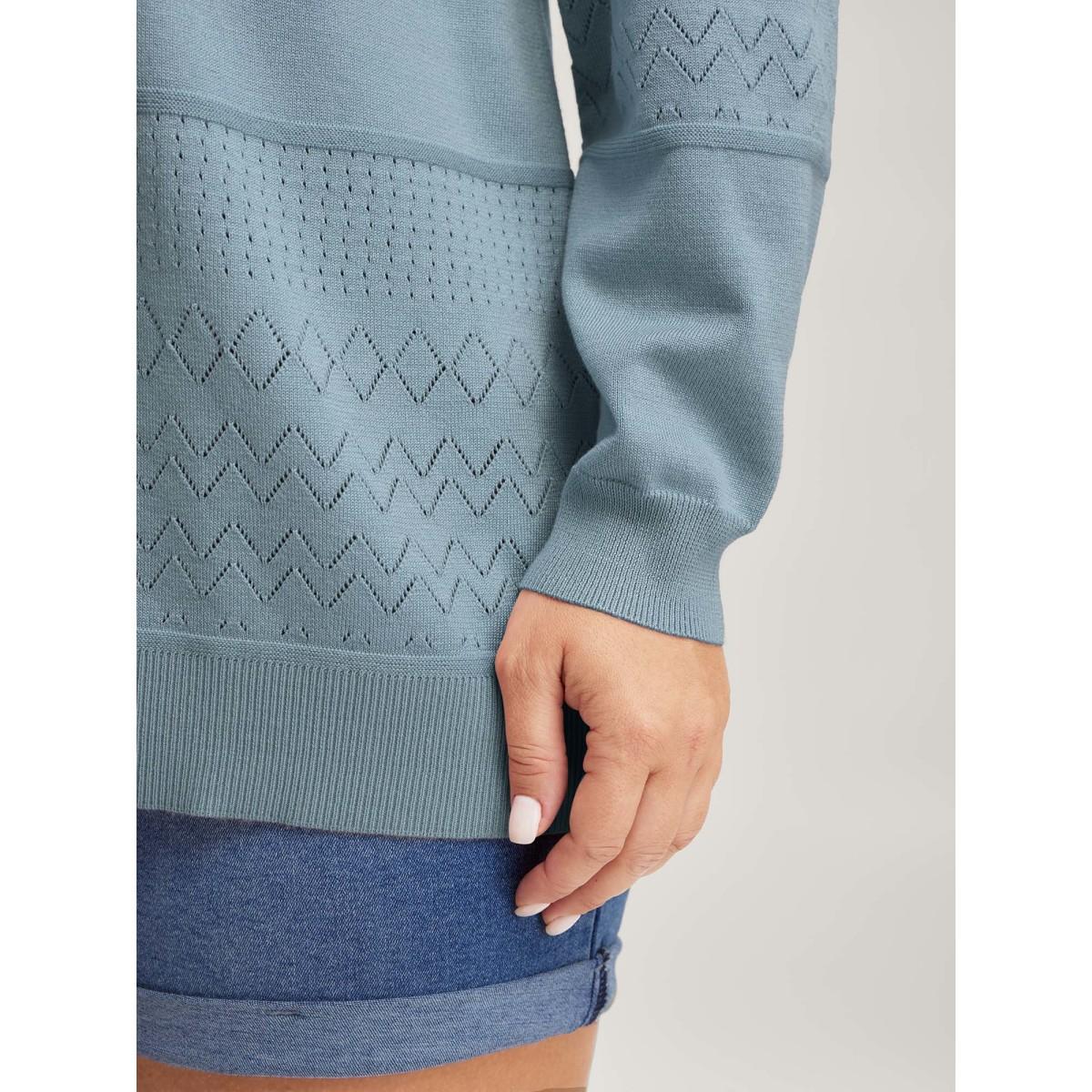 Plus Size Supersoft Textured Eyelet Trim Pullover LightBlue Women Leisure Loose Long Sleeve V-neck Casual Pullovers BloomChic 14-16/1X Product Image