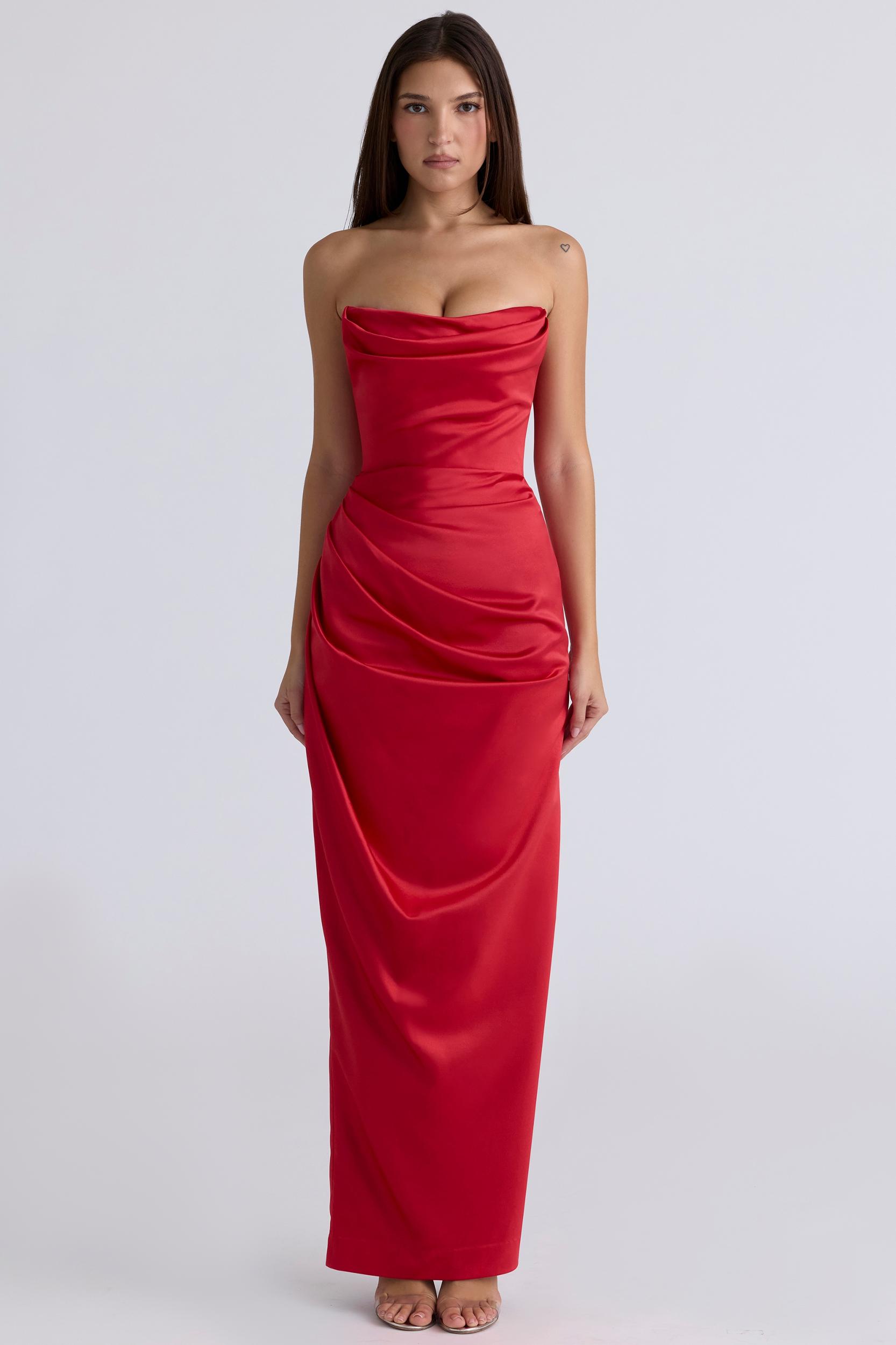 Adrienne  scarlet satin strapless gown Product Image