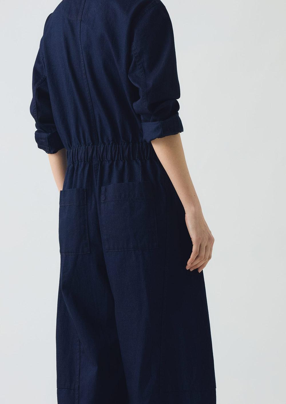 Half Placket Cotton Twill Jumpsuit | Indigo Product Image