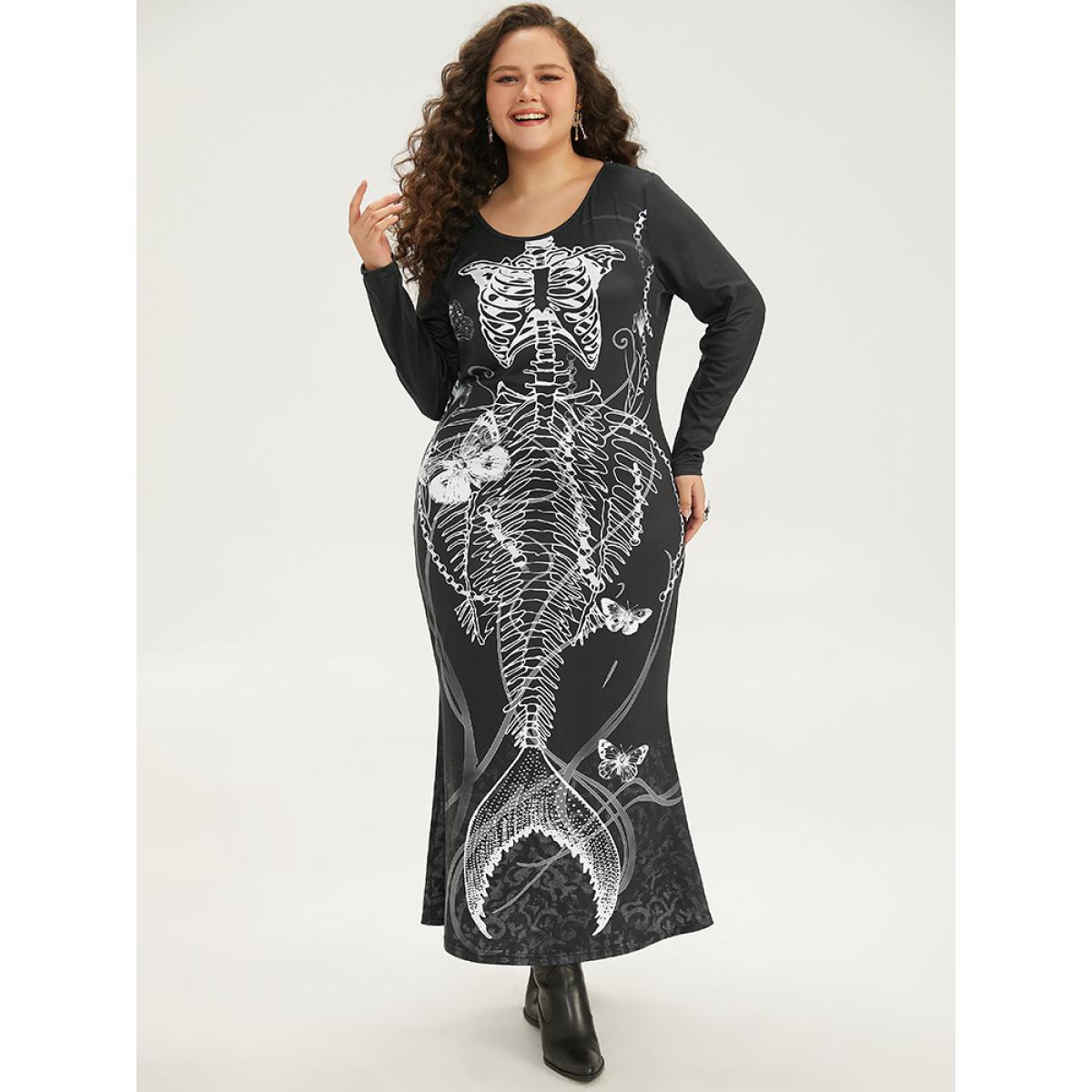 Plus Size Halloween Skull Print Mermaid Hem Dress Black Women Elegant Printed Round Neck Long Sleeve Curvy Long Dress BloomChic 14-16/1X Product Image