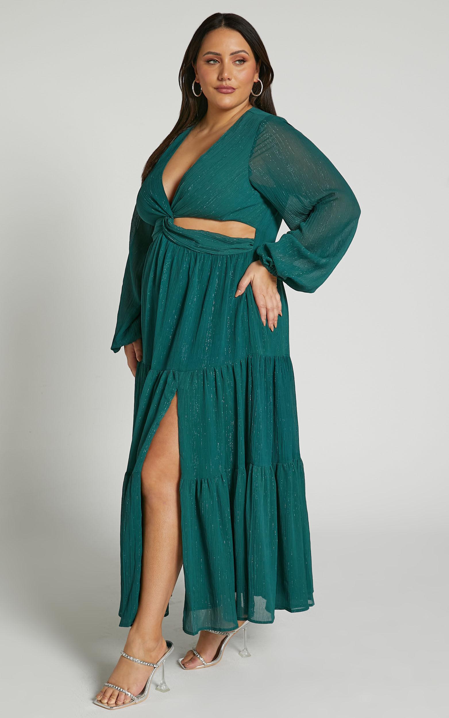 Edelyn Midi Dress - Cut Out Balloon Sleeve Tiered Dress in Emerald Product Image
