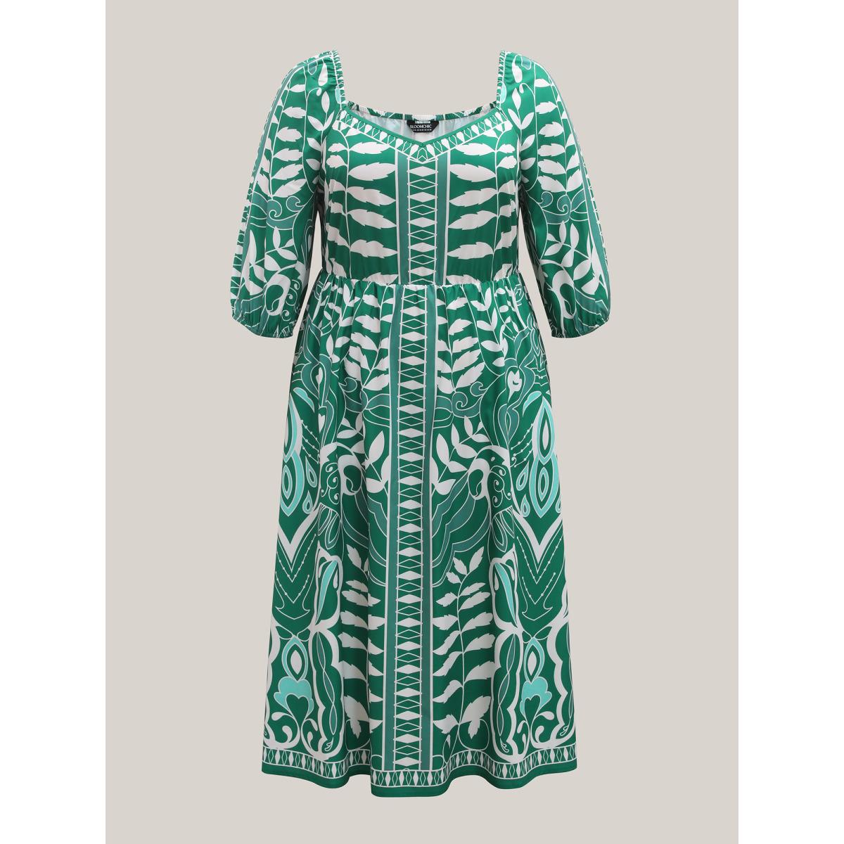 Plus Size Leafy Print Puff Sleeve Pockets Midi Dress Emerald Women Heart neckline Elbow-length sleeve Curvy BloomChic 28/5X Product Image