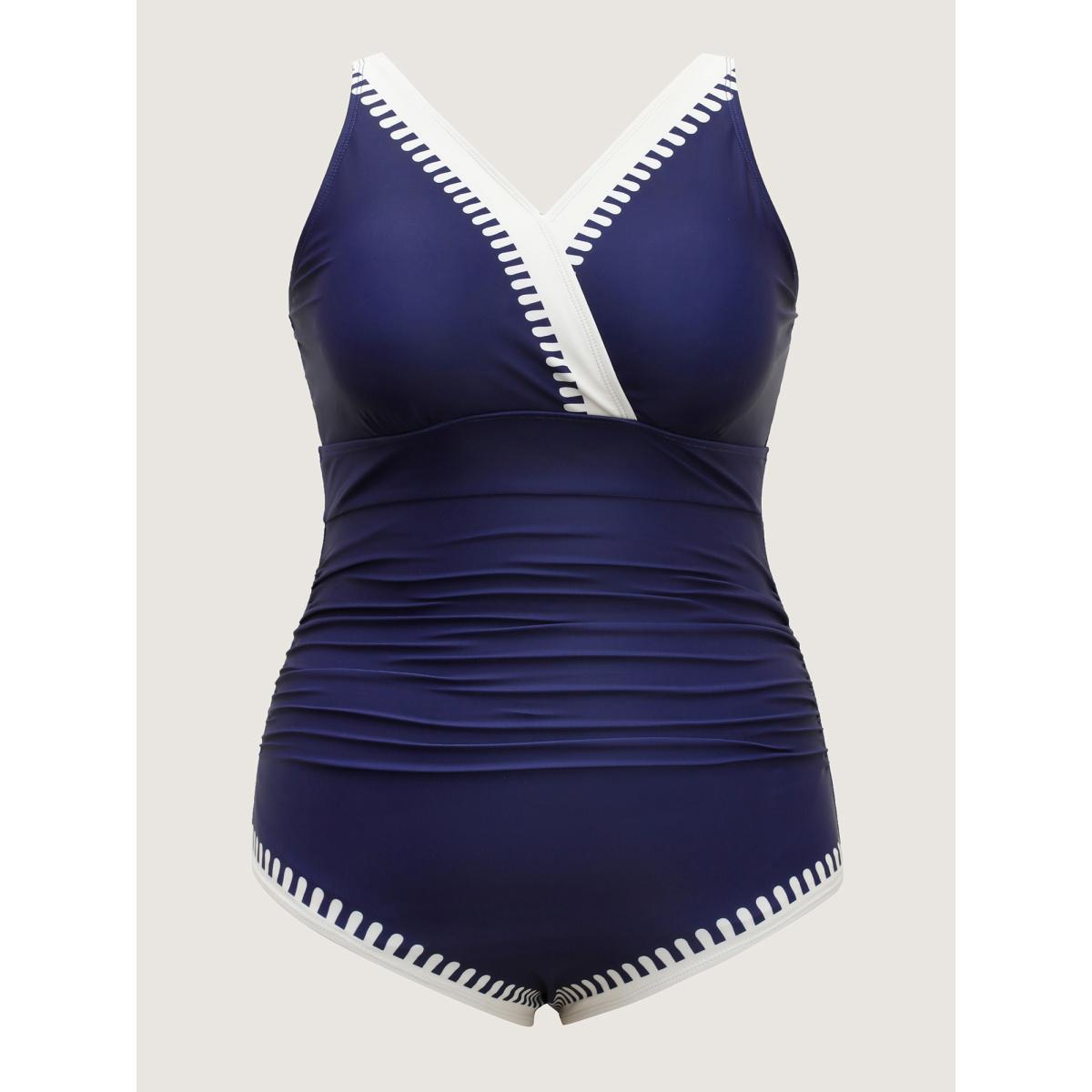 Plus Size Two-Piece Boho Print Sarong Swimsuit Women's Swimwear Indigo Resort Contrast Curve Bathing Suits High stretch One Pieces BloomChic 26/4X Product Image