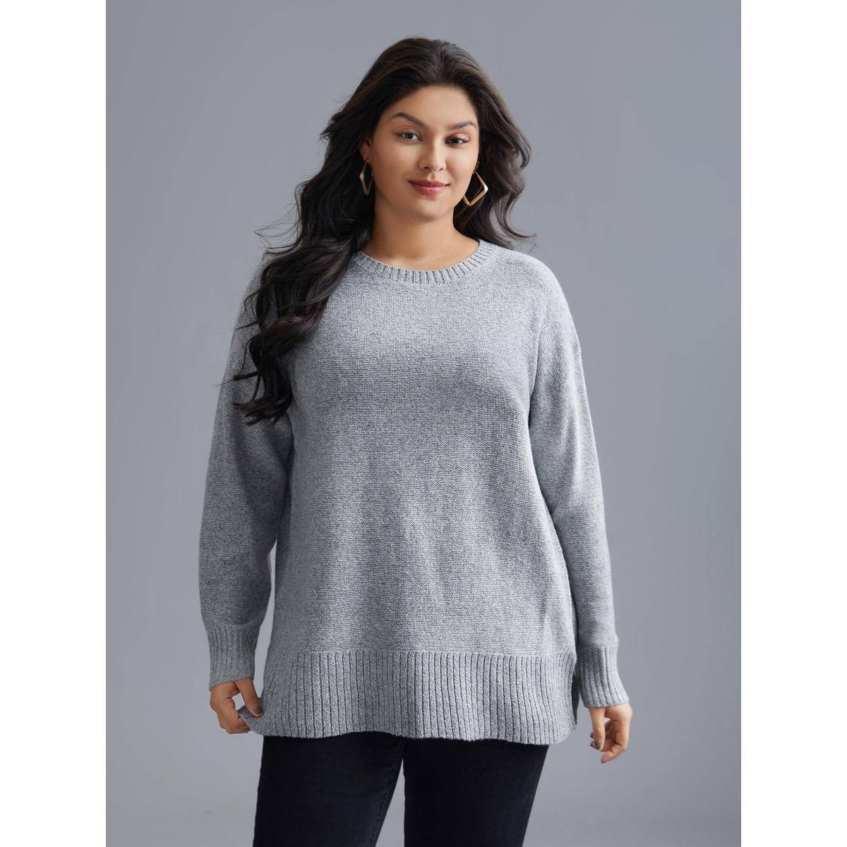 Plus Size Texture Bowknot Cut Out Slit Hem Pullover LightGray Women Leisure Loose Long Sleeve Round Neck Casual Pullovers BloomChic 30/6X Product Image