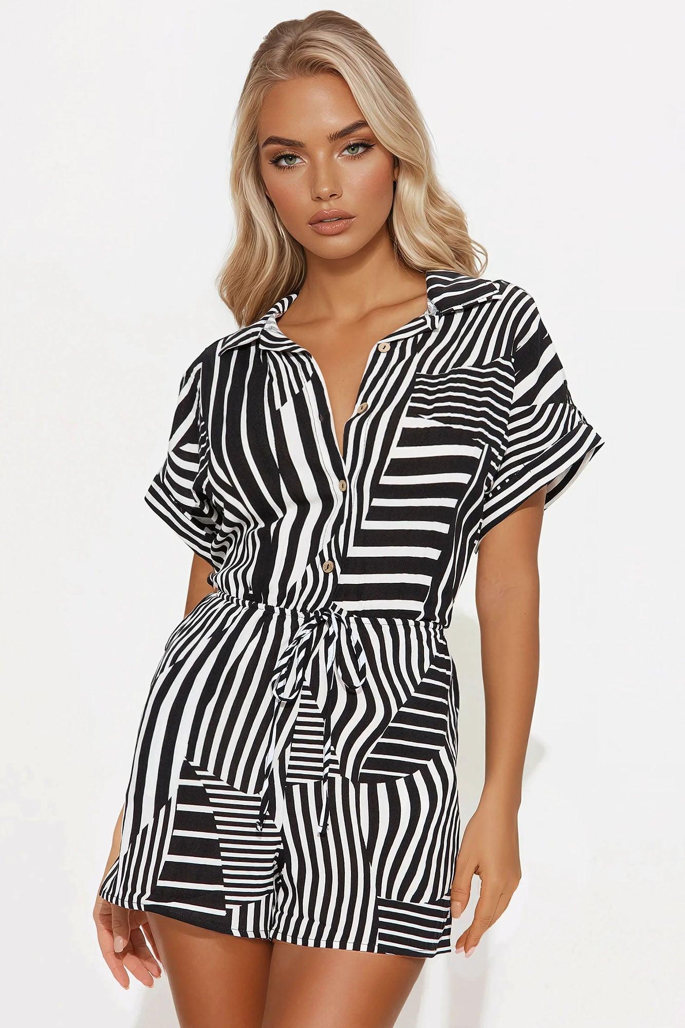 Playa Tulum Romper - Black/White Product Image