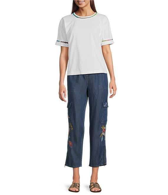 JOHNNY WAS Crochet Trim Crew Neck Short Sleeve Cotton Knit Tee Product Image