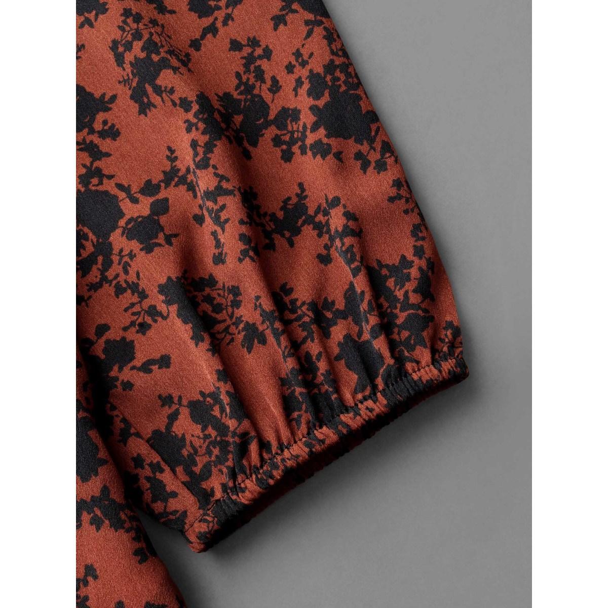 Plus Size Russet Silhouette Floral Print Shirred Gathered Blouse Women Elegant Long Sleeve Wrap collar Everyday Blouses BloomChic 28/5X Product Image