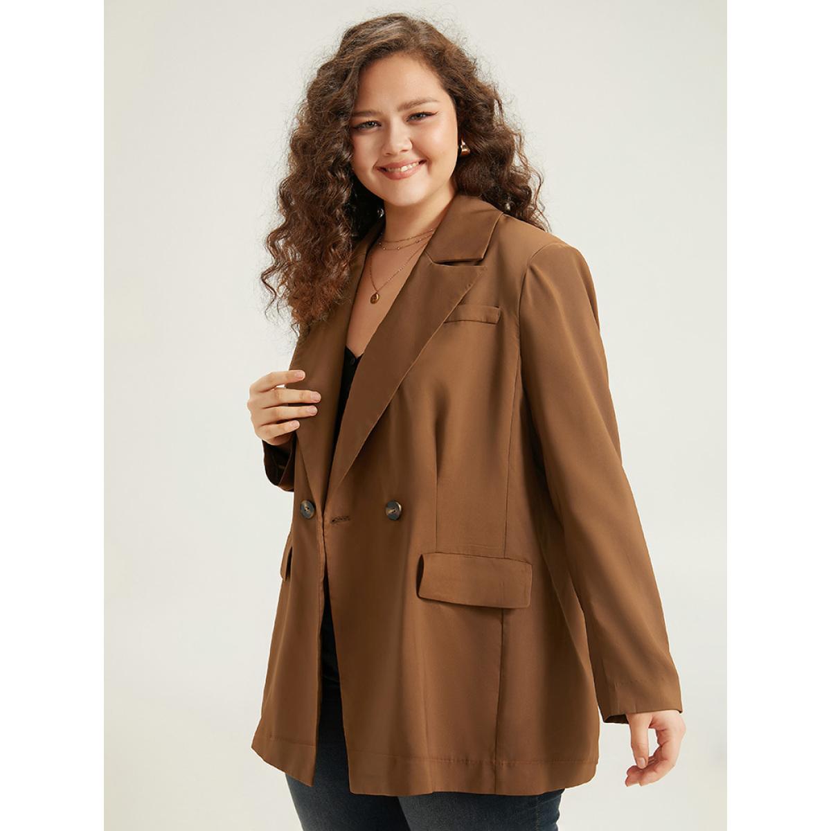 Plus Size Suit Collar Button Up Pocket Blazer DarkBrown Women Dailywear Plain Plain Sleeve Long Sleeve Suit Collar 10/M Pocket Casual Blazers BloomChic Product Image