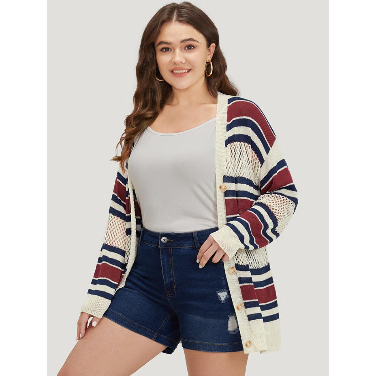Plus Size Striped Hollow Out Patchwork Button Detail Cardigan Beige Women Casual Loose Long Sleeve Everyday Cardigans BloomChic 14-16/1X Product Image