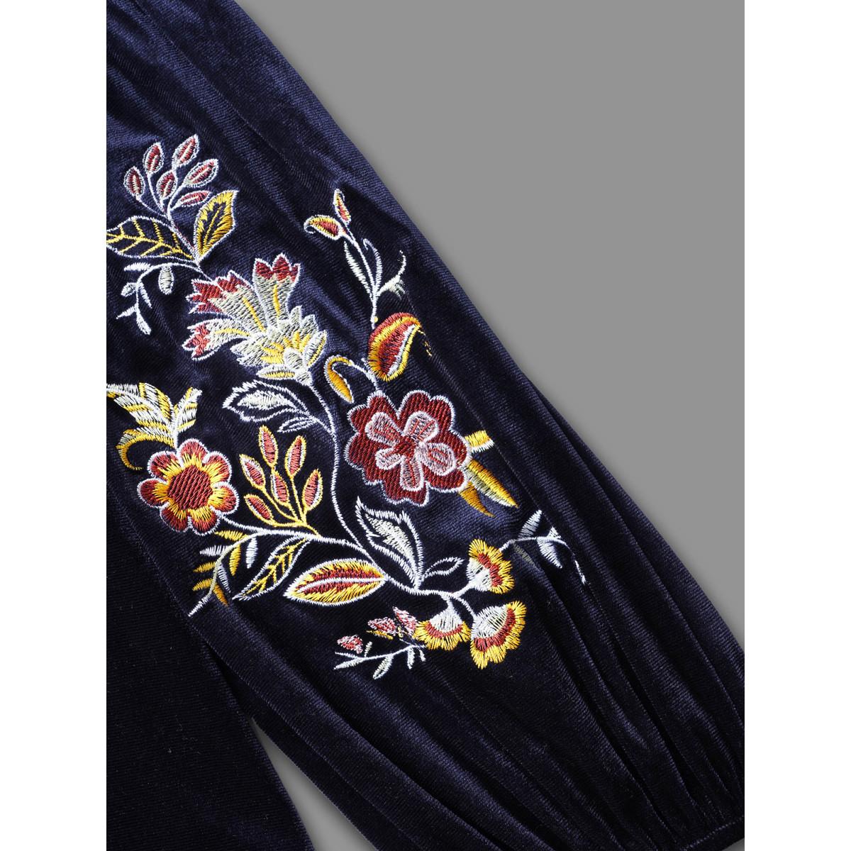 Plus Size Indigo Floral Embroidered Velvet Tie Knot Blouse Women Elegant Long Sleeve V-neck Everyday Blouses BloomChic 14-16/1X Product Image