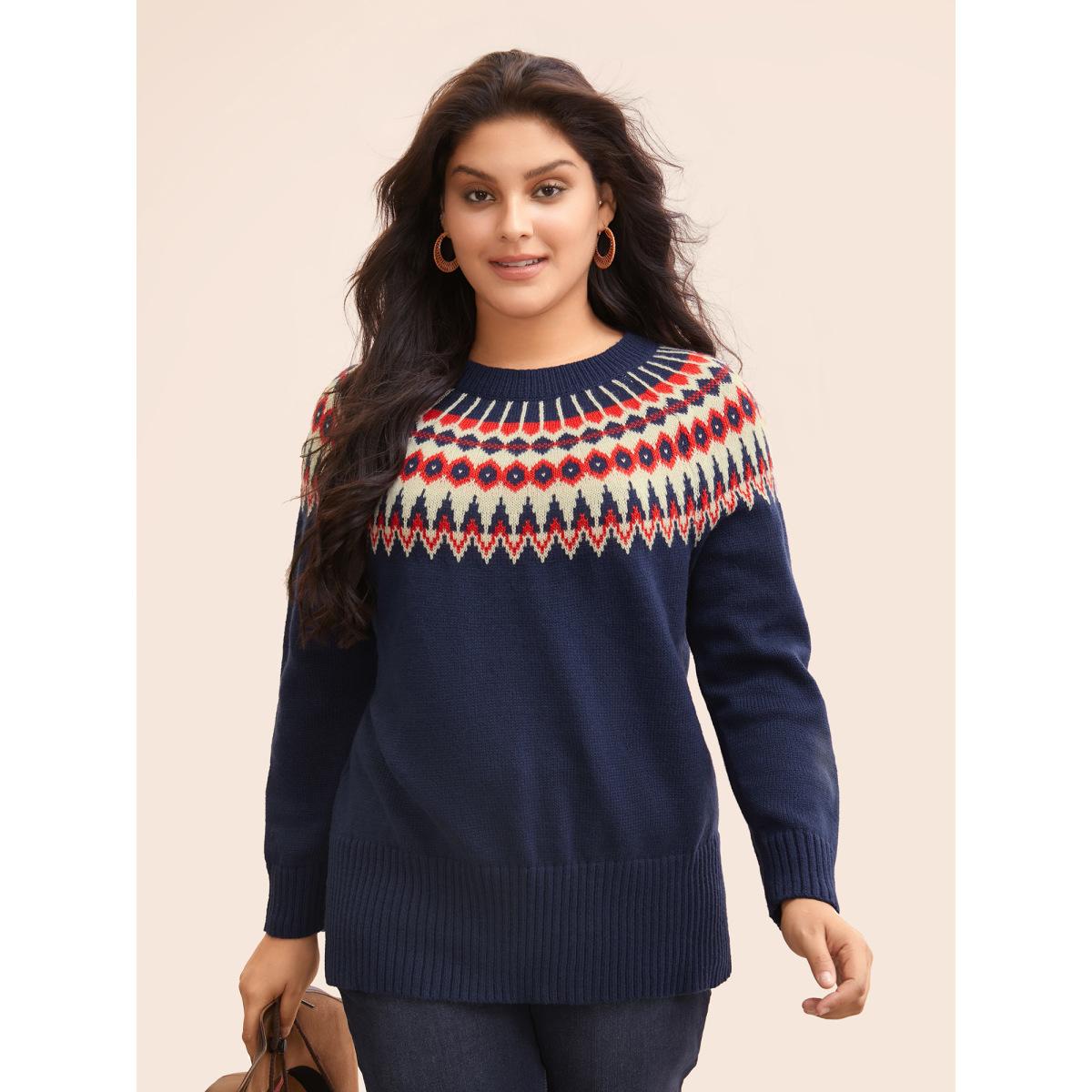 Plus Size Fair Isle Pull Over Crew Neck Pullover Navy Women Casual Long Sleeve Round Neck Everyday Pullovers BloomChic 26/4X Product Image