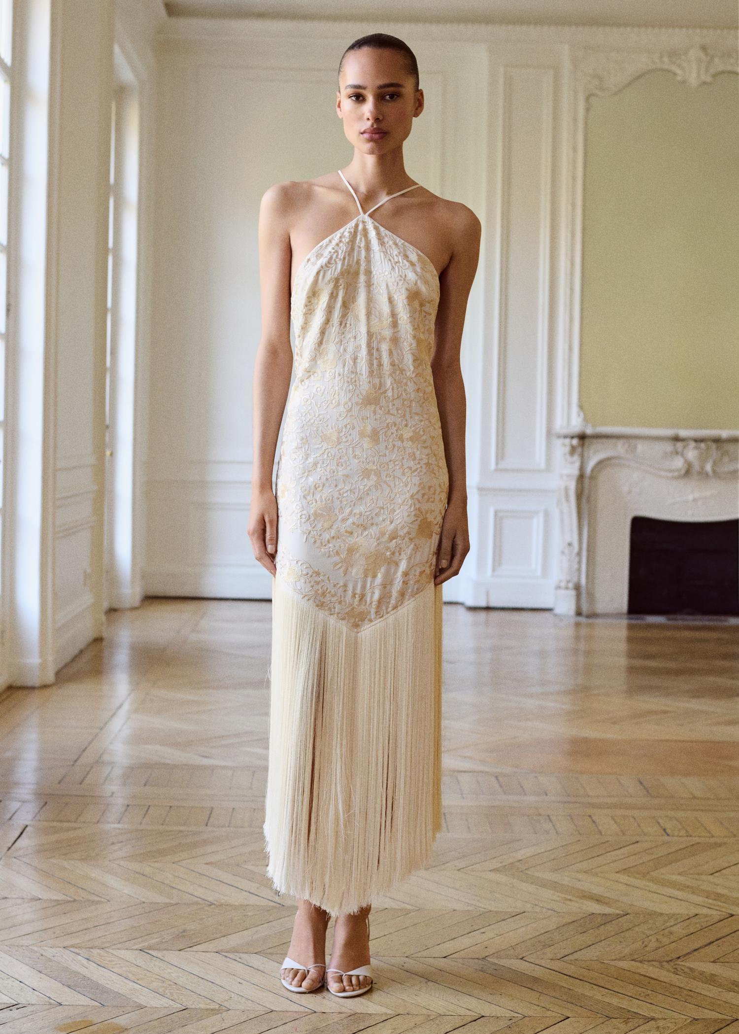 Floral-embroidered dress with fringe detail - Women | MANGO USA Product Image