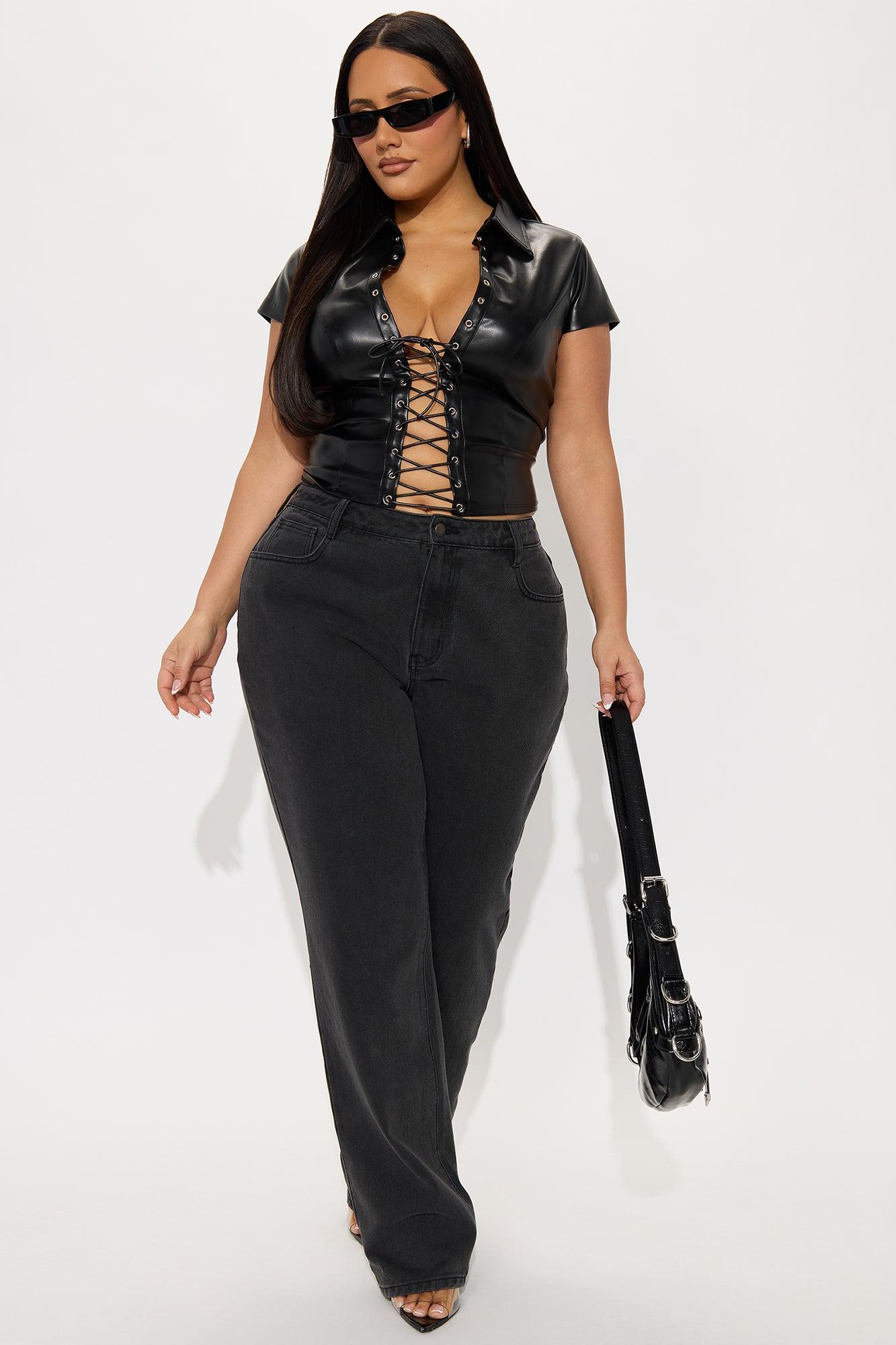 Thrilling Babe Lace Up Faux Leather Top - Black Product Image