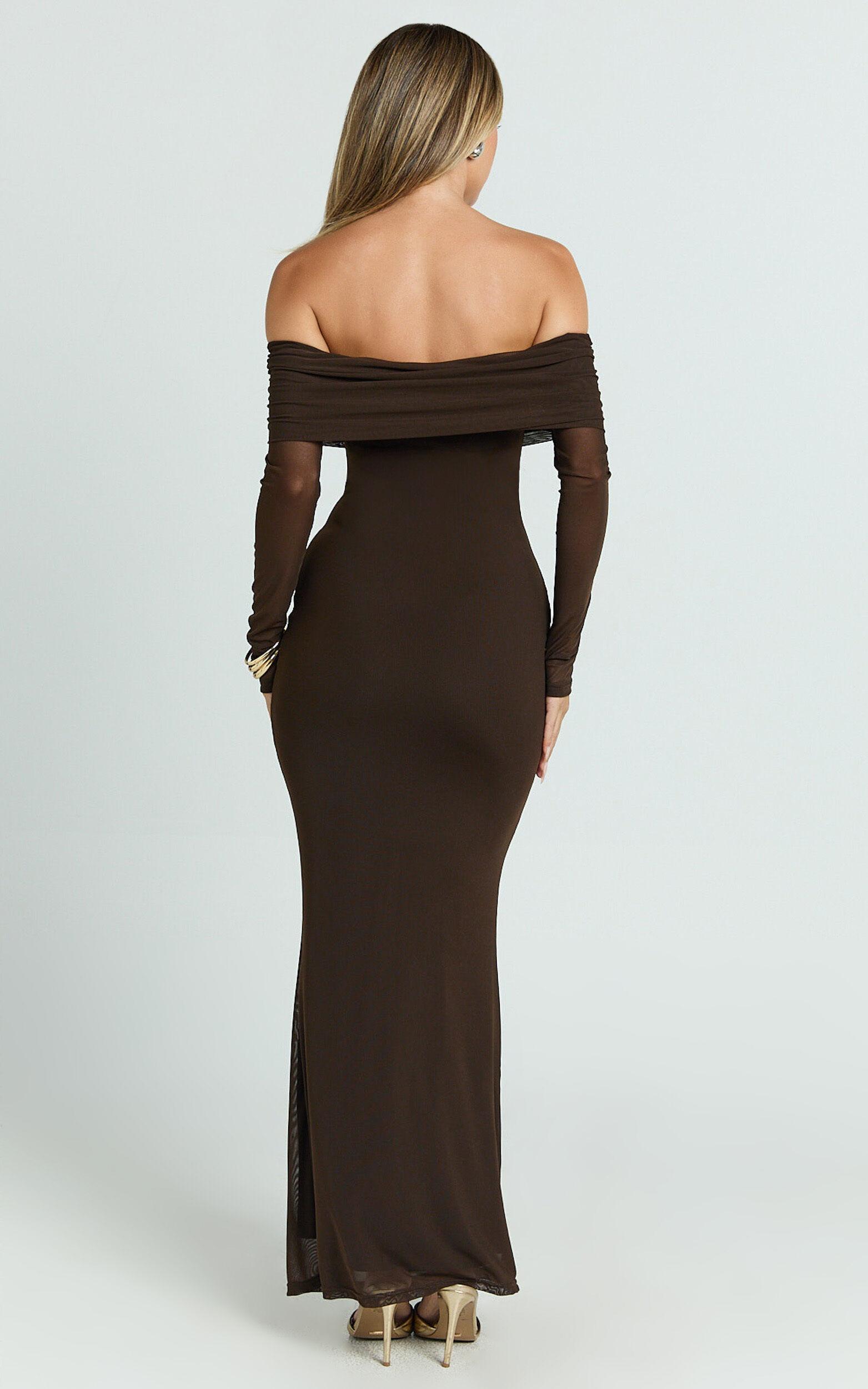 Bethanie Maxi Dress - Off The Shoulder Mesh Dress in Chocolate Product Image