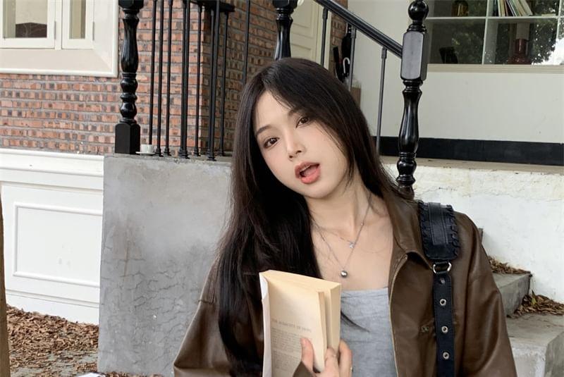 Plain Faux Leather Zip Jacket / High Rise Pleated Mini A-Line Skirt Product Image