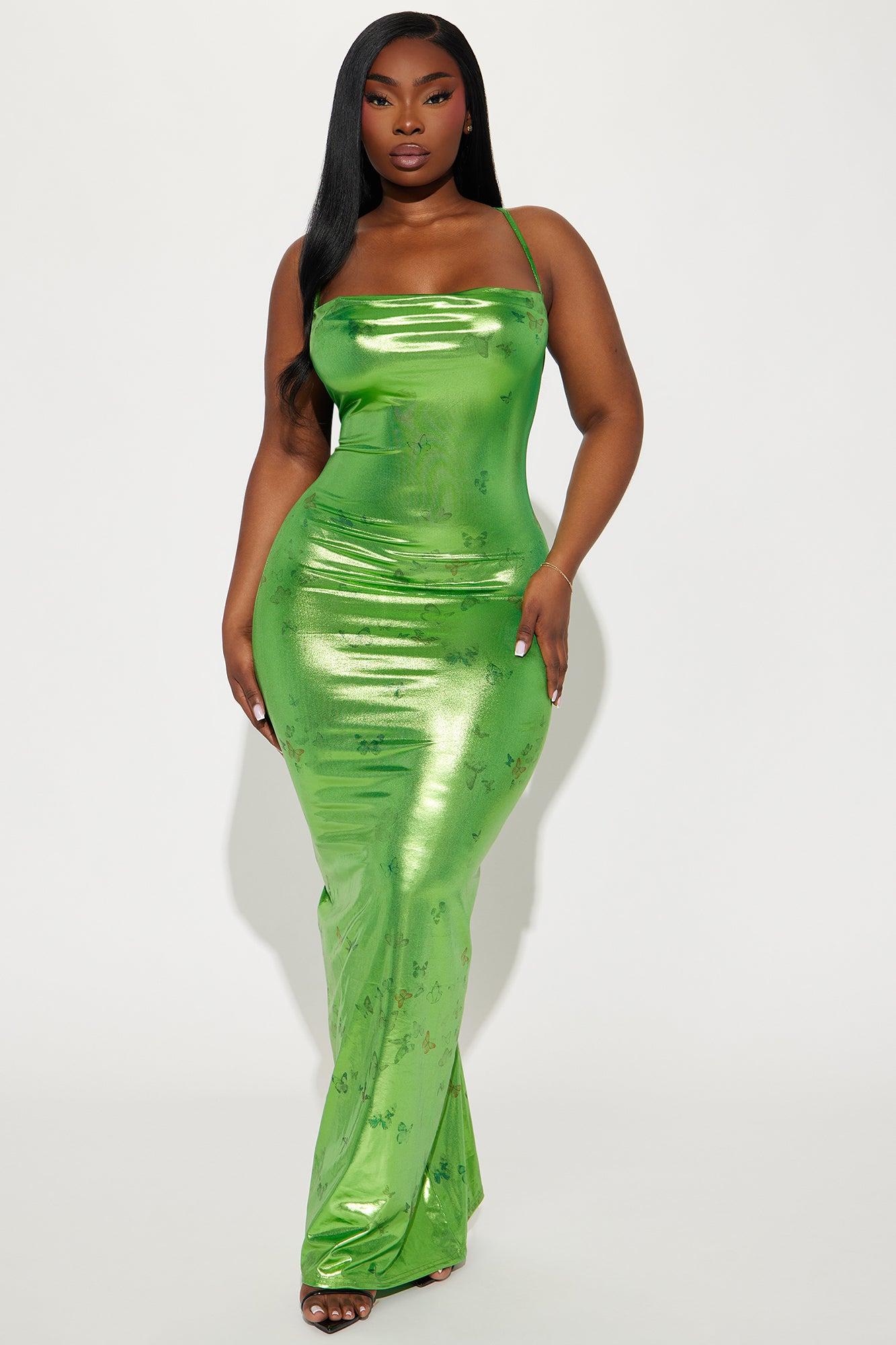 Butterflies Metallic Maxi Dress - Green Product Image