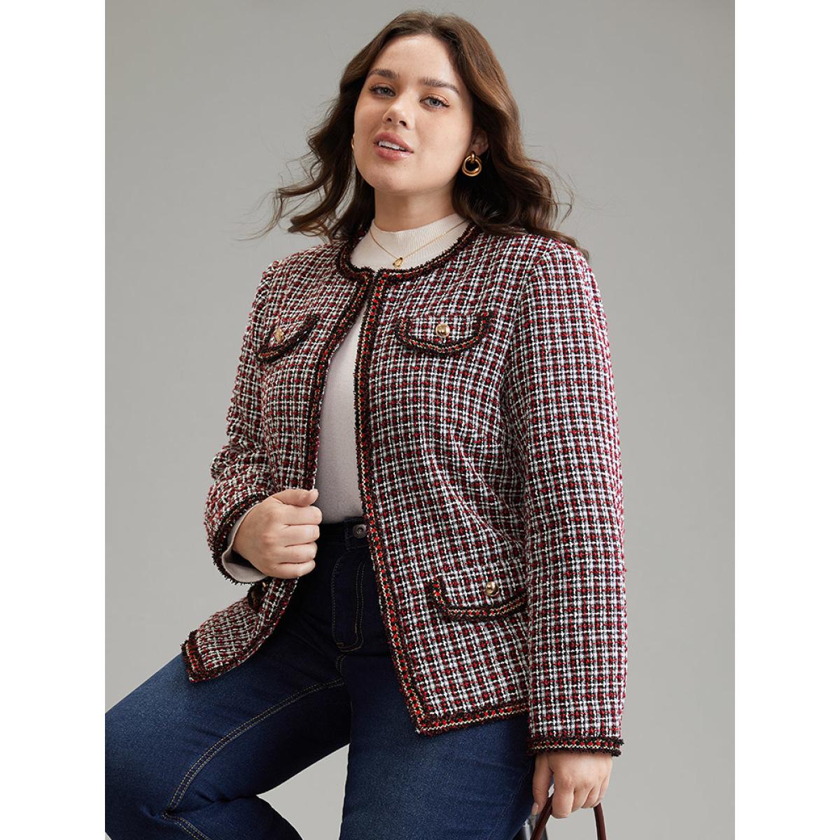 Plus Size Coarse Tweed Gingham Plisse Flap Pocket Blazer Women Scarlet Office Texture Ladies Office Winter Coats BloomChic 30/6X Product Image