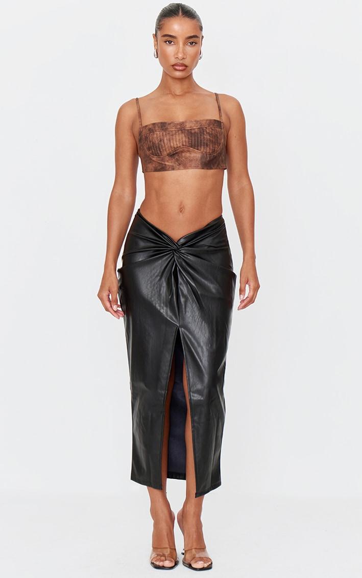 Black Faux Leather Twist Detail Front Midi Skirt Product Image