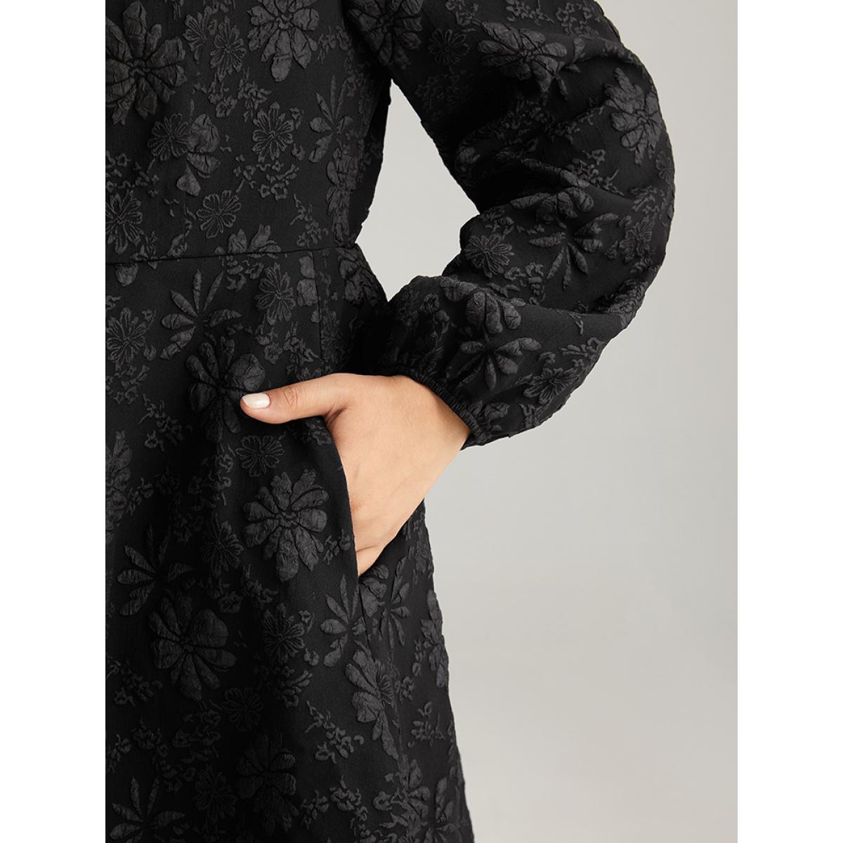 Plus Size Floral Print Plisse Pocket Lantern Sleeve Dress Black Women Cocktail Elastic cuffs Square Neck Long Sleeve Curvy Midi Dress BloomChic 10/M Product Image