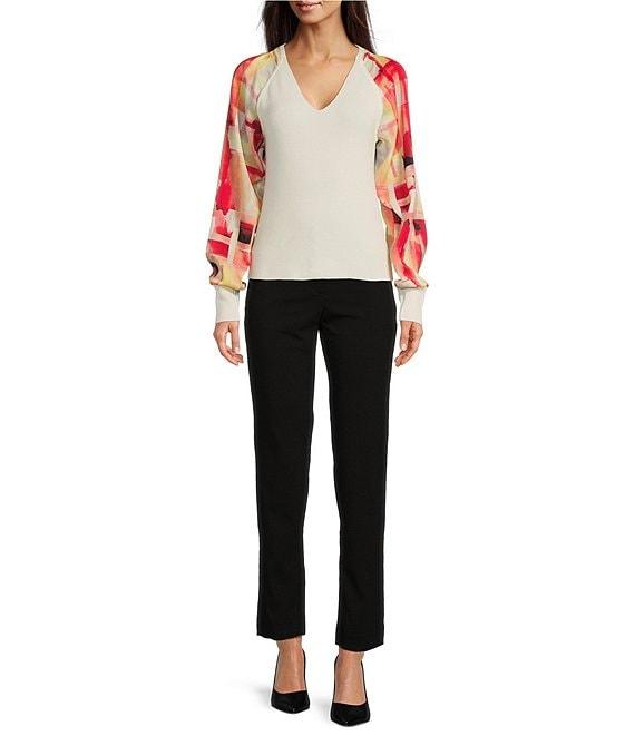 DKNY By Donna Karan Printed Mixed Media V-Neck Long Sleeve Knit Top Product Image