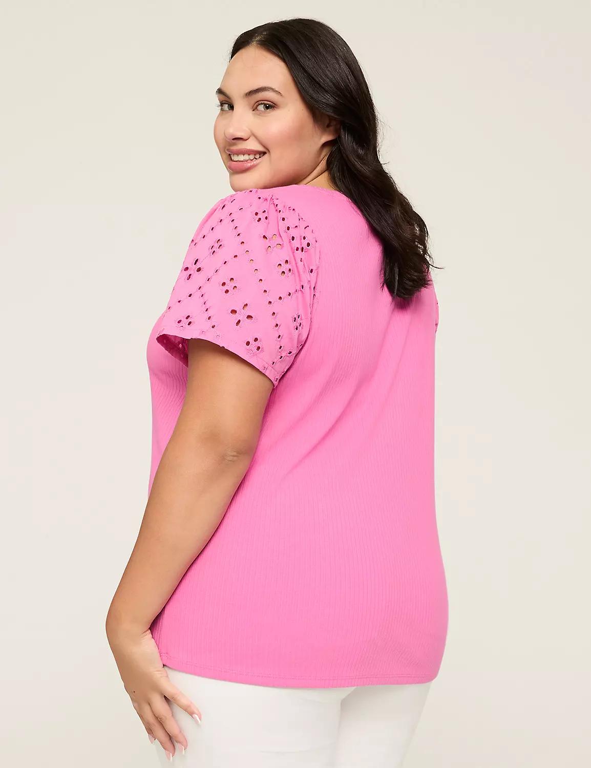 Eyelet-Sleeve Scoop Neck Rib Top Product Image