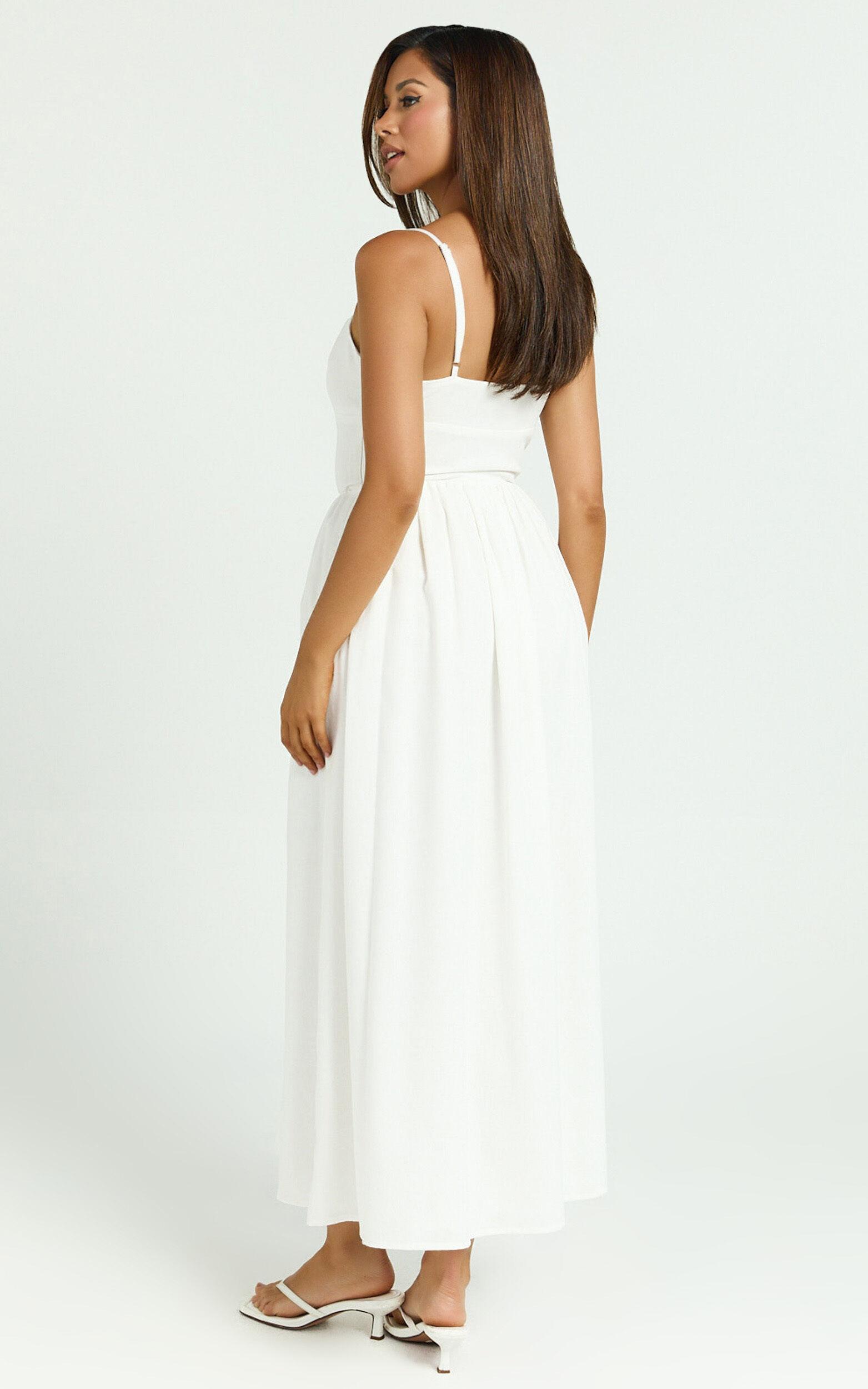 Morris Midi Dress - Linen Scoop Neck Gathered Dress in Off White Product Image