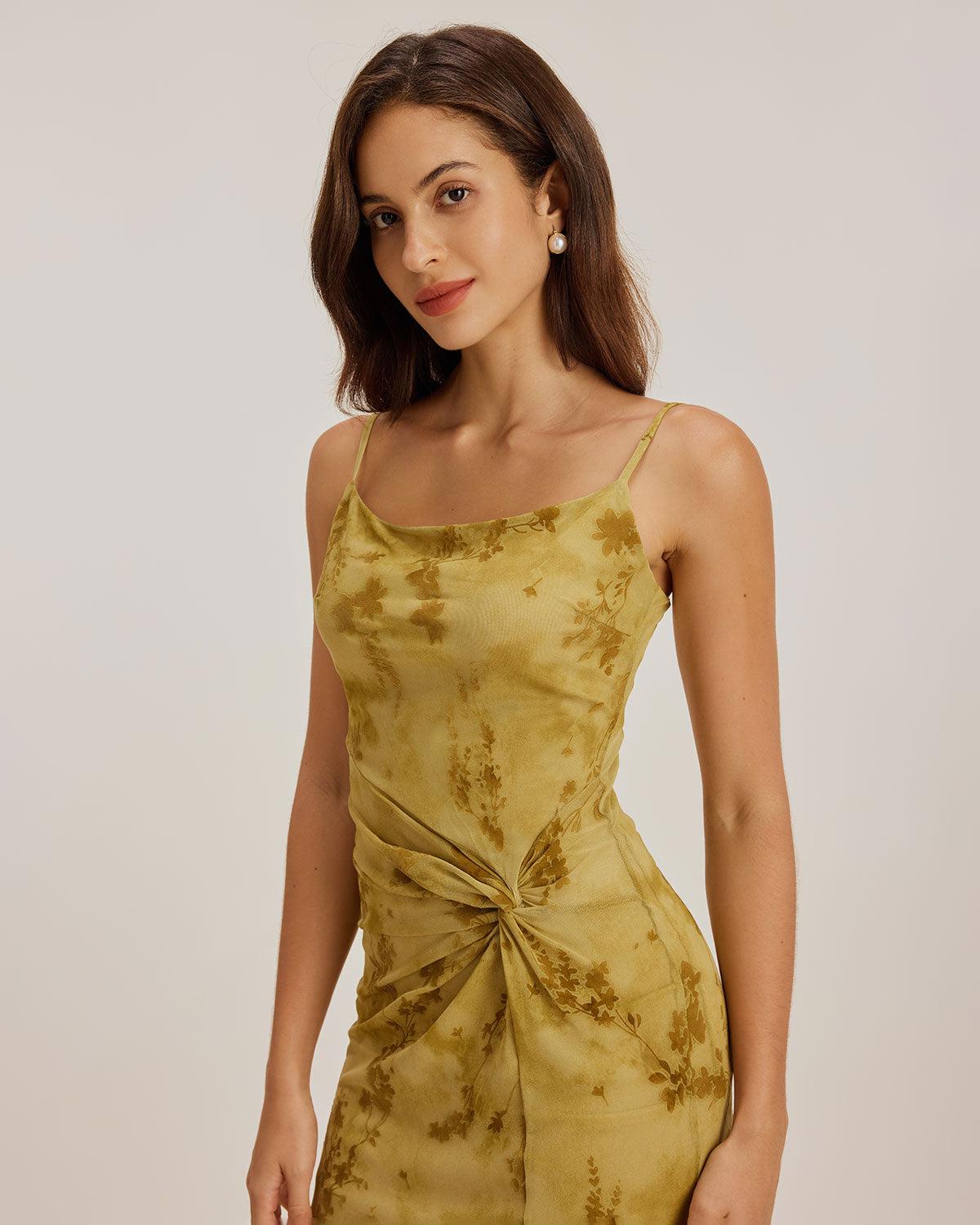Green Floral Ruched Slip Midi Dress Product Image