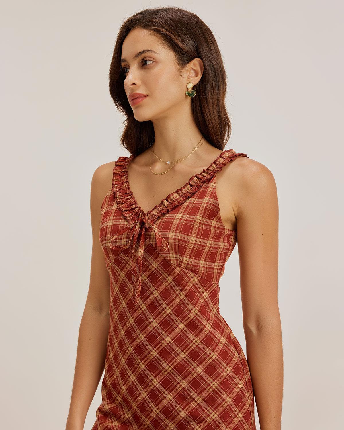 Red Plaid V Neck Slip Maxi Dress Product Image