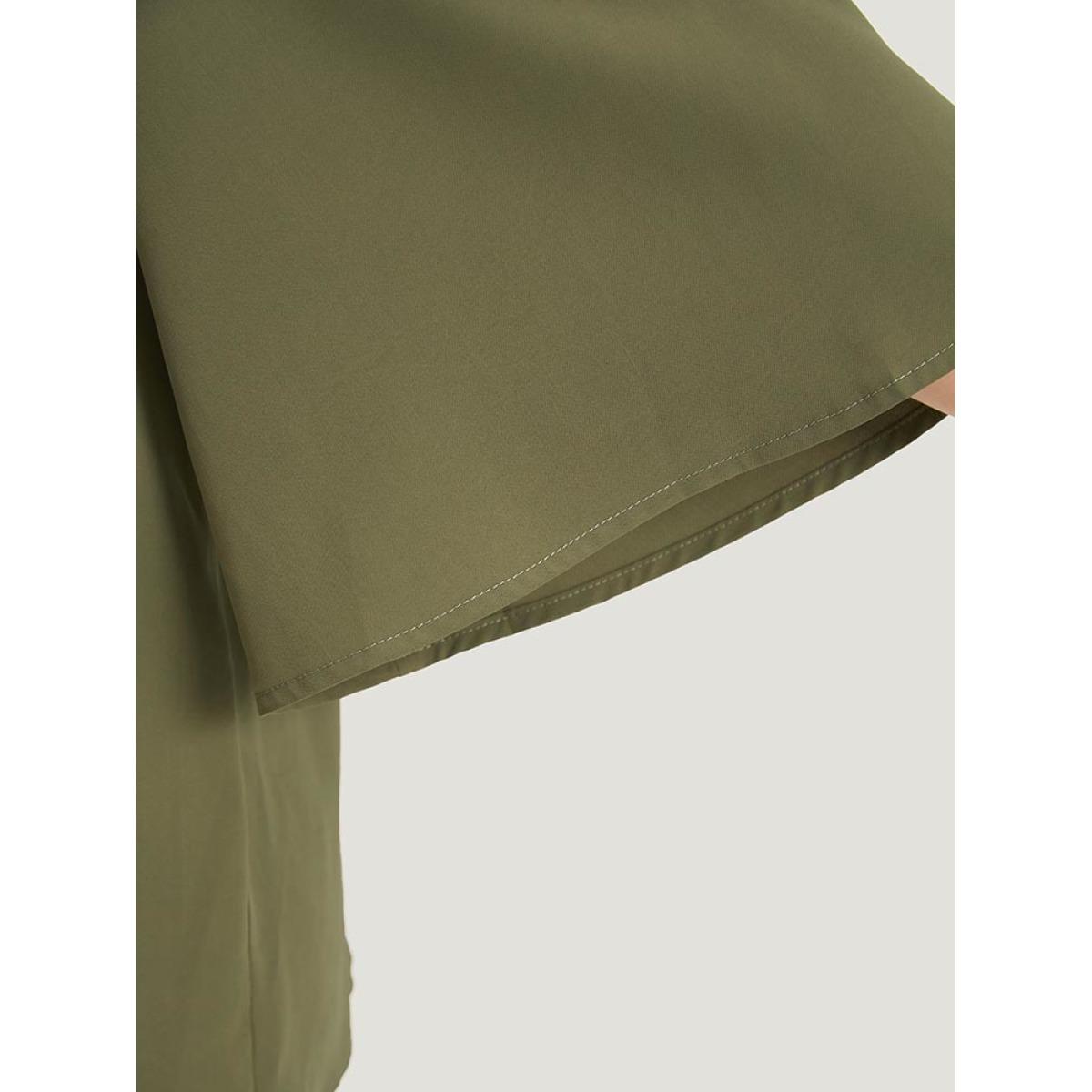 Plus Size ArmyGreen Plain Pleated Detail Bell Sleeve Blouse Women Office Elbow-length sleeve Round Neck Office Blouses BloomChic 14-16/1X Product Image
