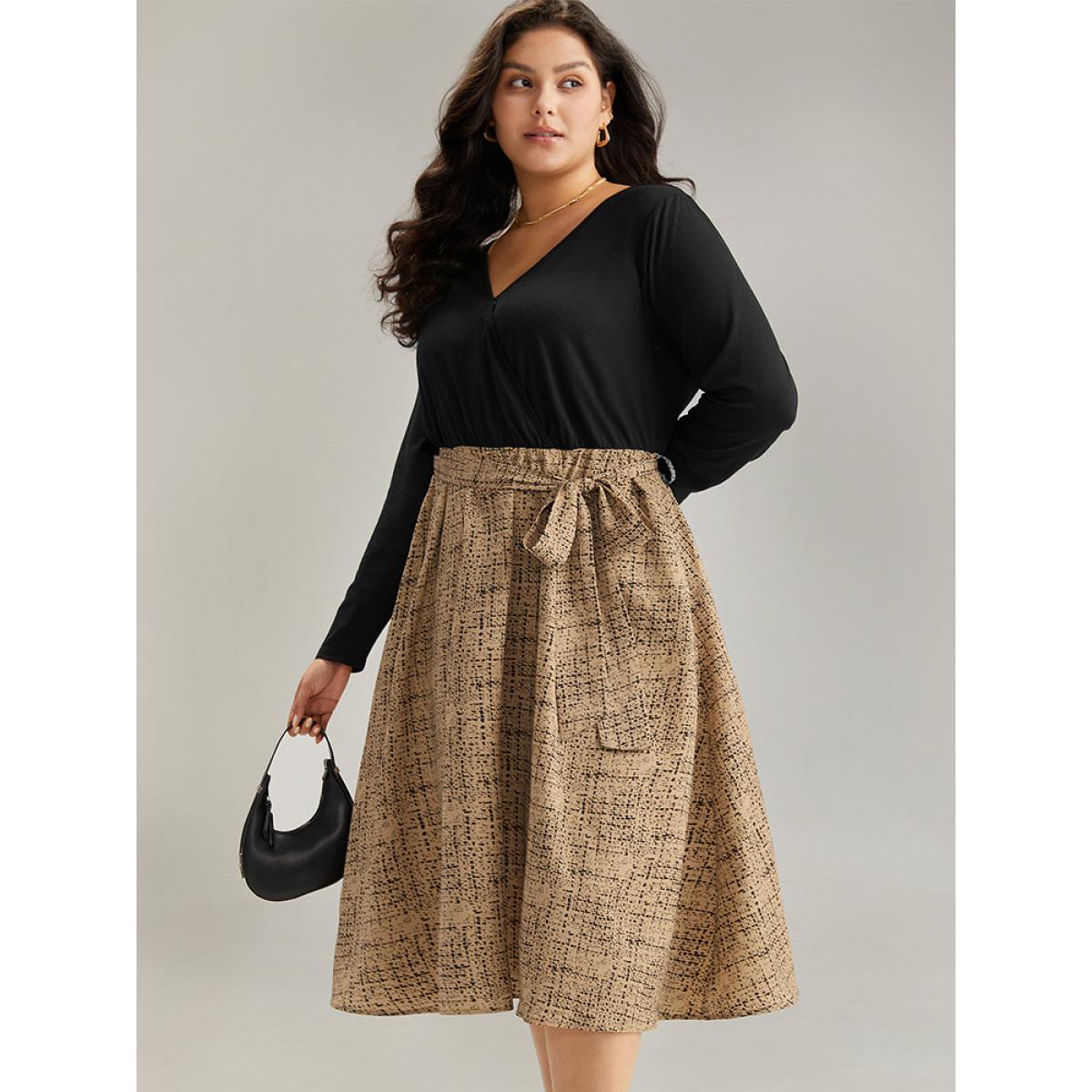 Plus Size Patchwork Pocket Belted Long Sleeve Dress Tan Women Elegant Belted V-neck Long Sleeve Curvy Midi Dress BloomChic 22-24/3X Product Image